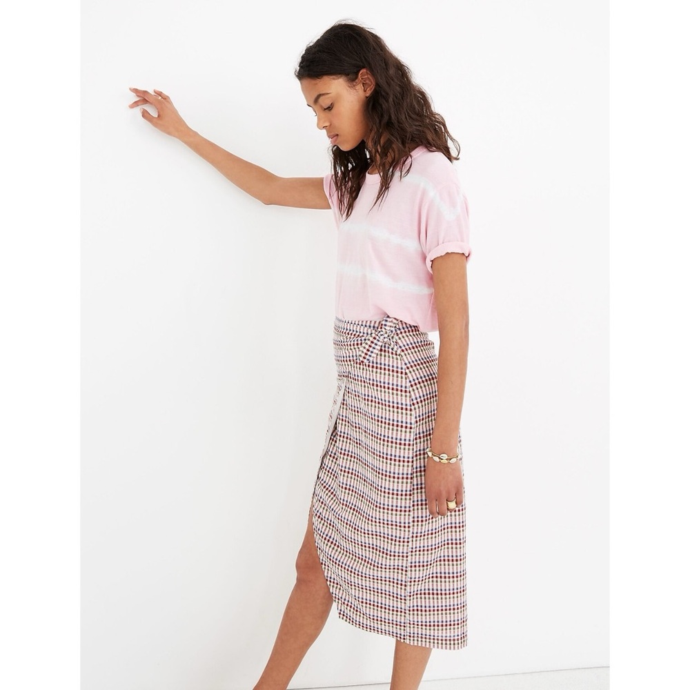 Madewell Sarong Midi Skirt in Rainbow Gingham Plaid Pencil Wrap Summer Skirt